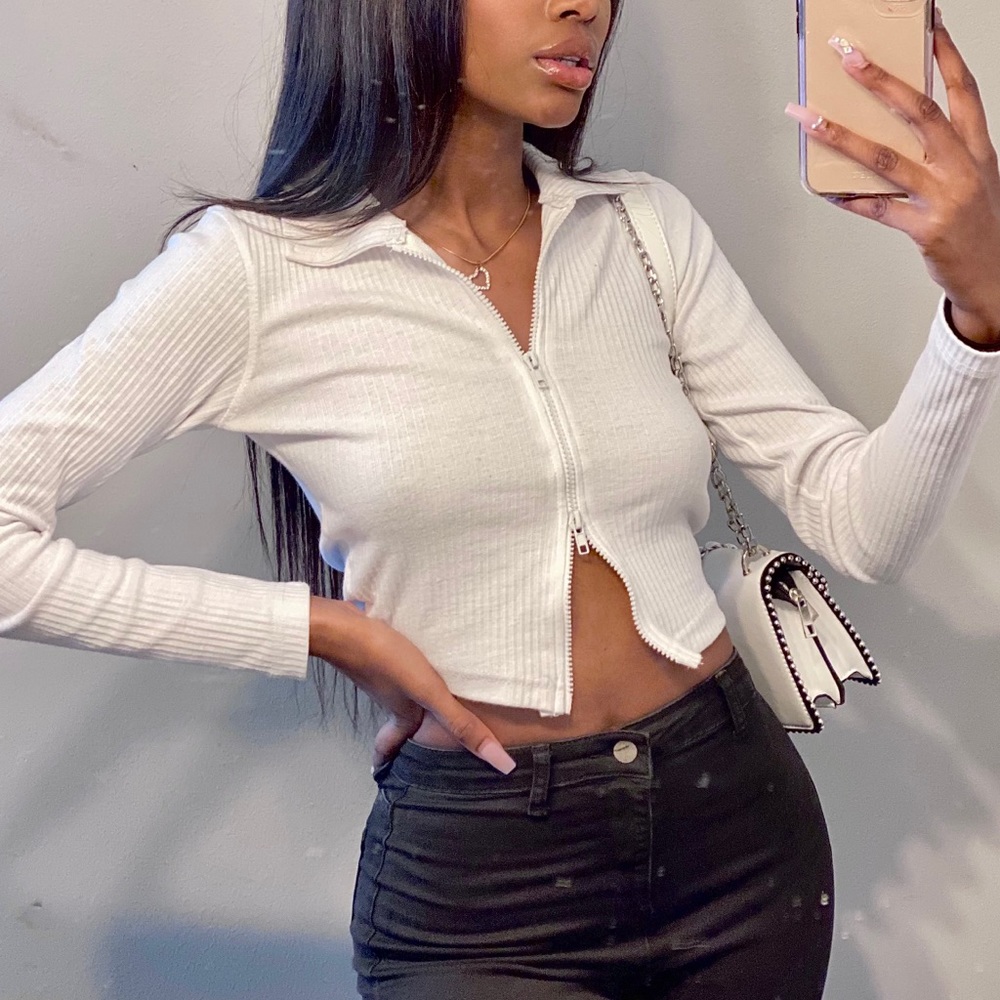 White Long Sleeve Zipper Top